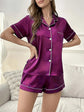 Open-front Buttoned Solid Color Lapel Satin Pajama Set