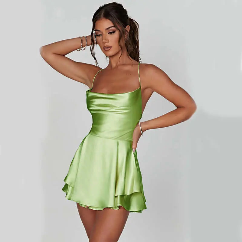 LUXEHAEVEN Sexy Suspender Skirt For Women Elegant Slim Strap Satin Backless Lace Up A-Line Short Dress Lady LuxeHaeven