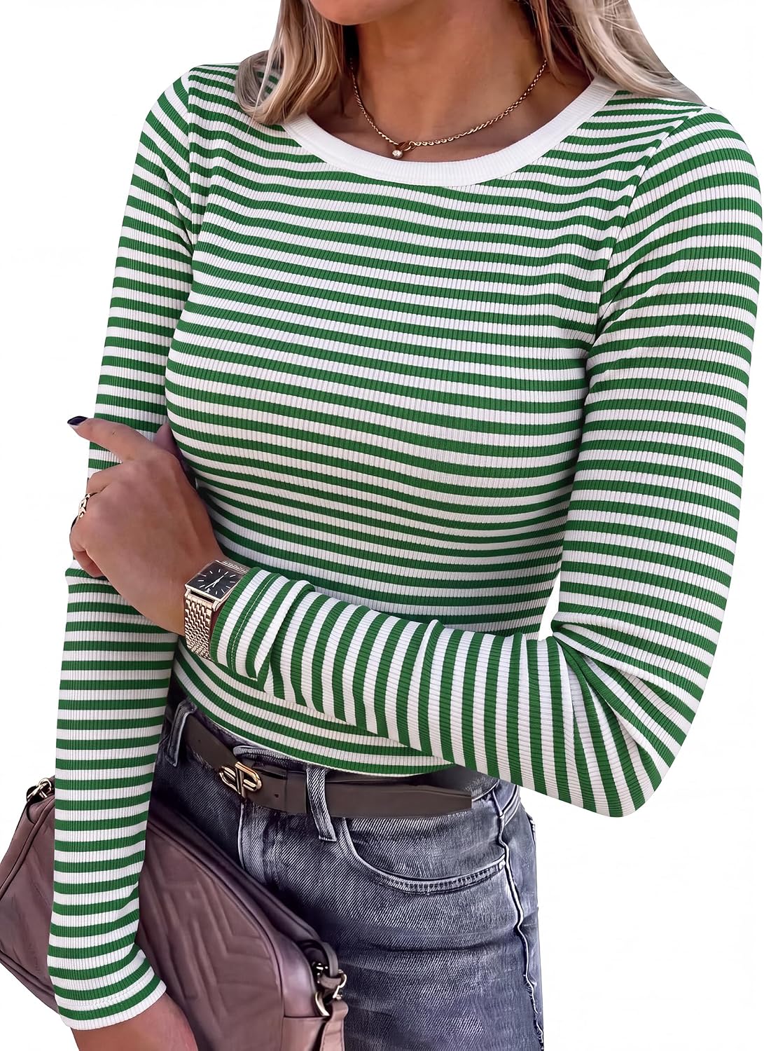 LUXEHAEVEN ANRABESS women long sleeve ribbed fitted top in green and white stripes, paired with a stylish handbag.