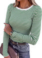 LUXEHAEVEN ANRABESS women long sleeve green striped ribbed fitted top with white trim and stylish handbag