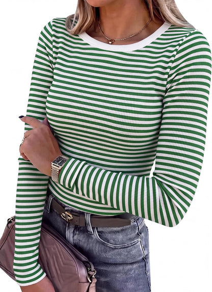 LUXEHAEVEN ANRABESS women long sleeve ribbed fitted tops in green striped design, perfect for stylish casual wear.