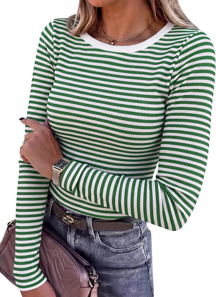 LUXEHAEVEN ANRABESS women long sleeve ribbed fitted tops in green striped design, perfect for stylish casual wear.