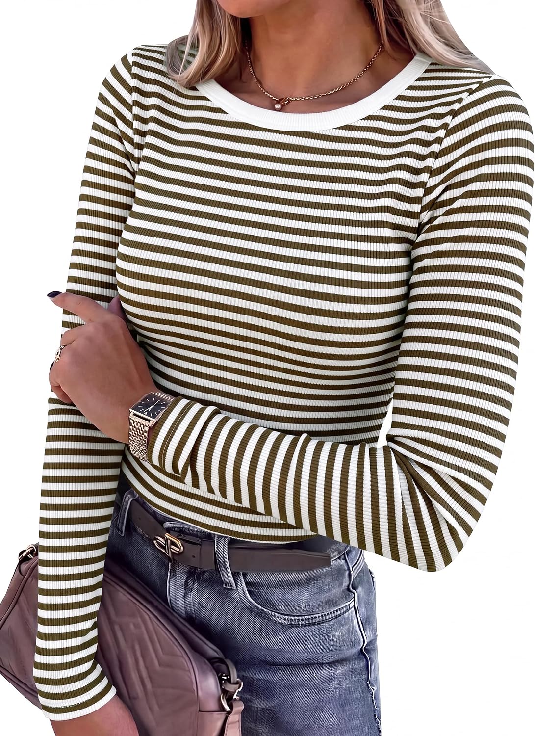 LUXEHAEVEN ANRABESS women long sleeve ribbed fitted tops with stripes, stylish casual wear.