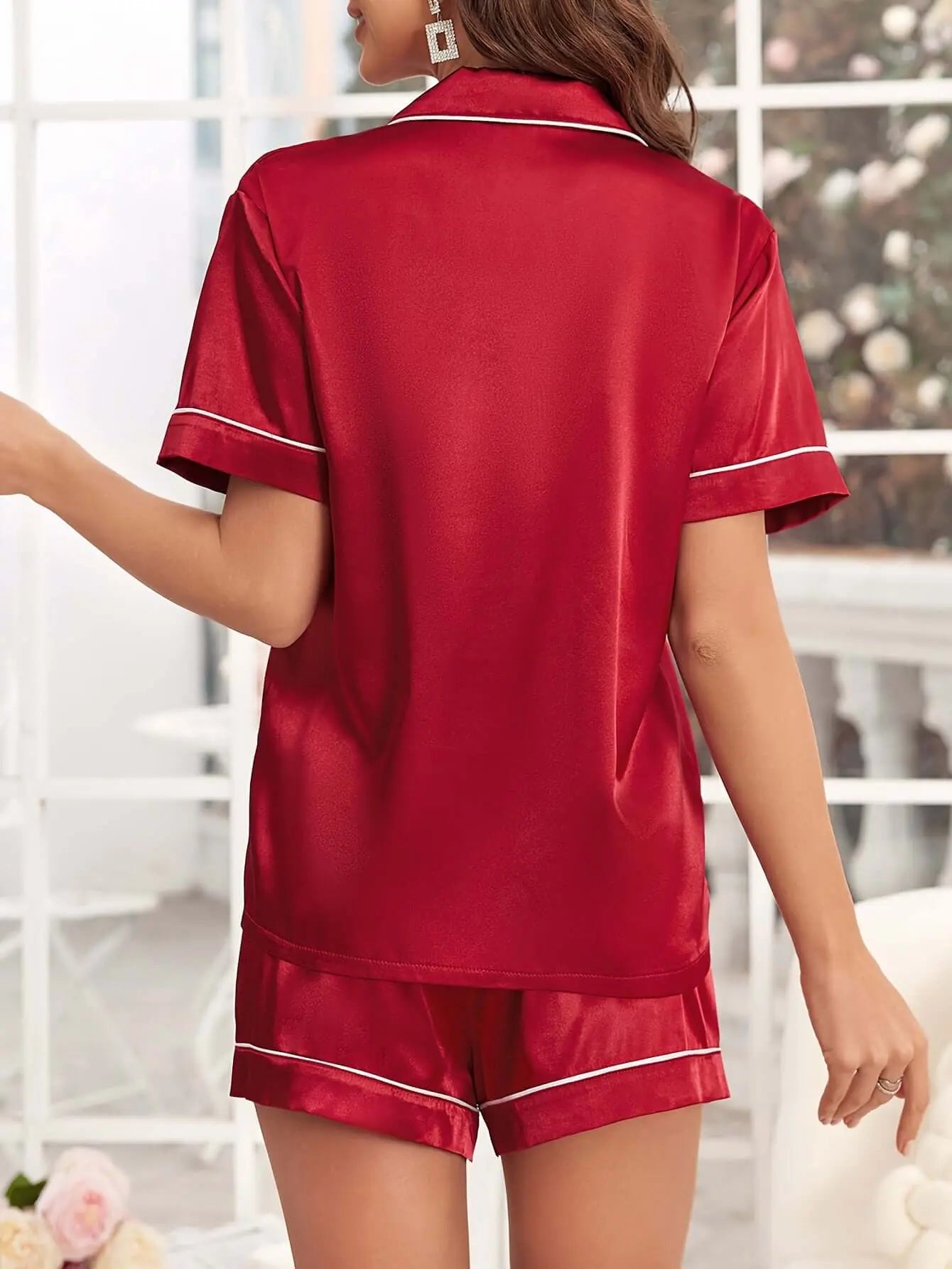 Open-front Buttoned Solid Color Lapel Satin Pajama Set
