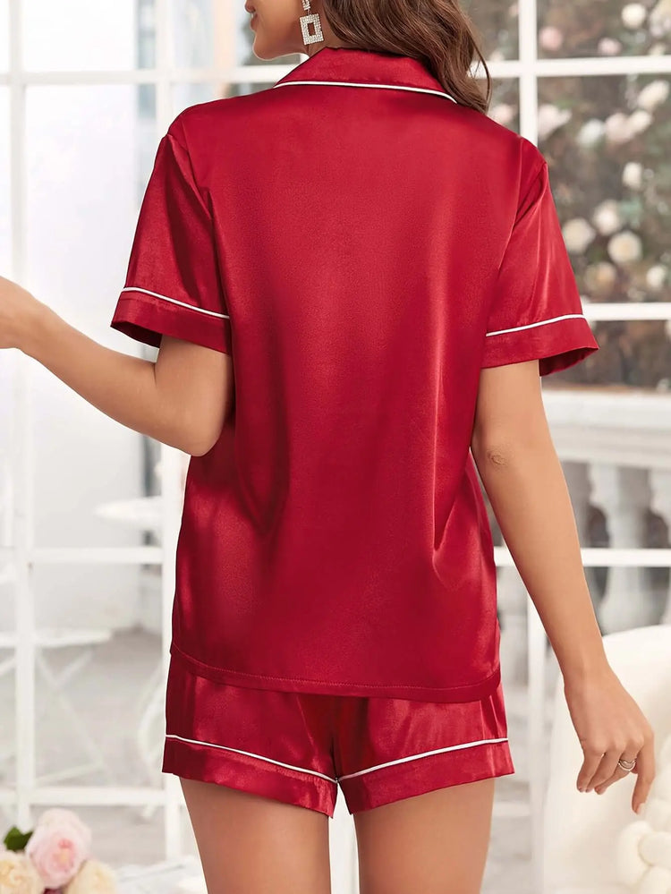 Open-front Buttoned Solid Color Lapel Satin Pajama Set