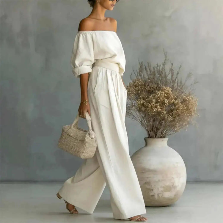 LUXEHAEVEN Casual Two-Piece Womens Outfit Off-Shoulder Top And Wide-Leg Pants Set LuxeHaeven