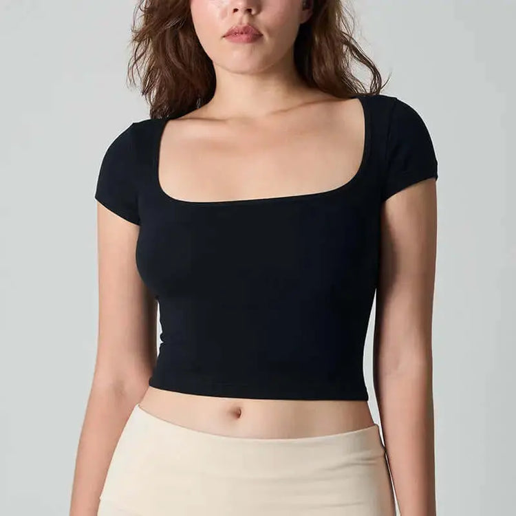 LUXEHAEVEN Square-neck Solid-color Cinched-waist Slim-fit Minimalist All-cotton Top LuxeHaeven