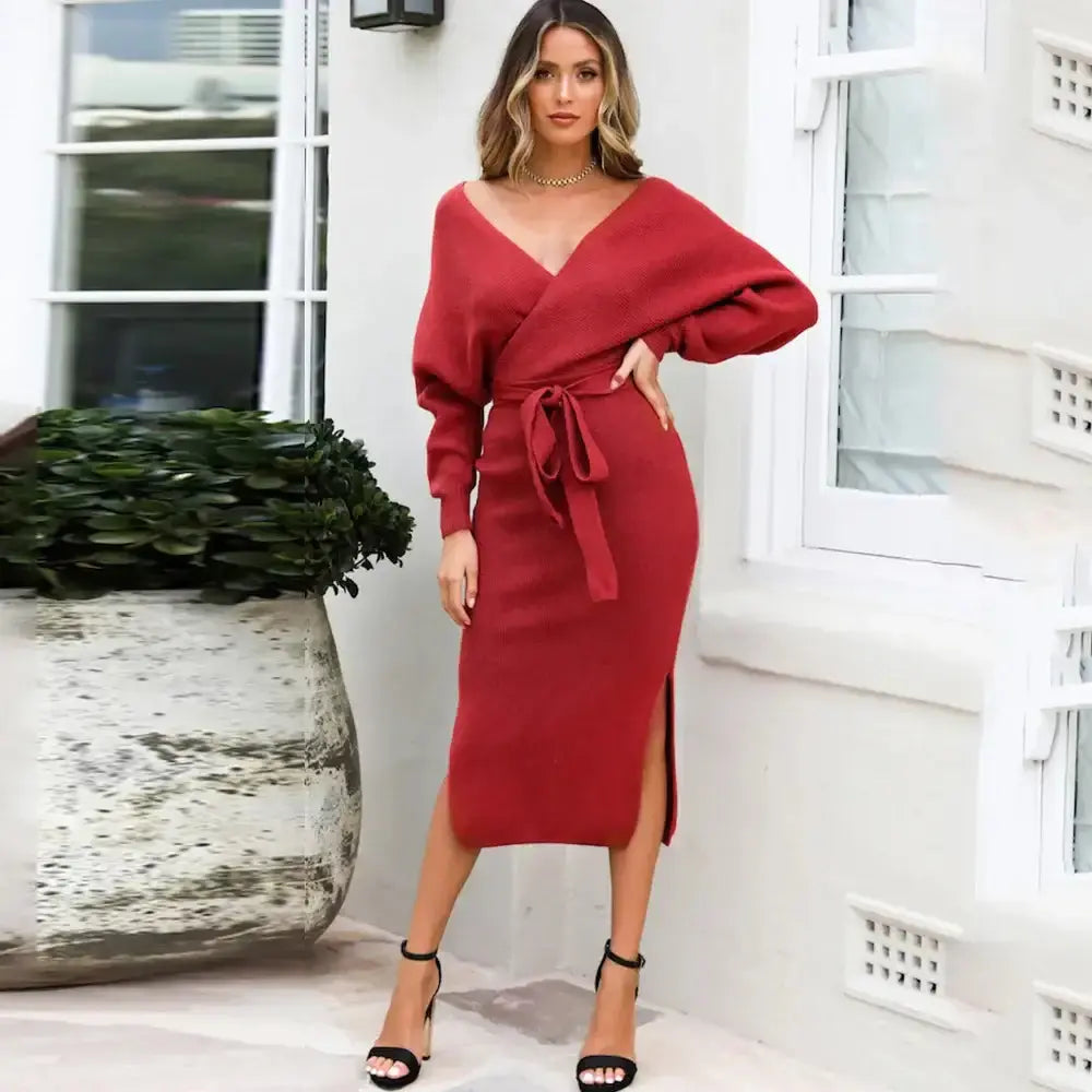 DM1902 High Quality Autumn Ladies Office Dress Long Sleeve V-neck Backless Sweater Dresses Women Clothing Wool Knit Dress