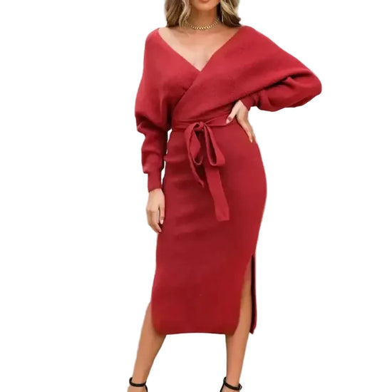 DM1902 High Quality Autumn Ladies Office Dress Long Sleeve V-neck Backless Sweater Dresses Women Clothing Wool Knit Dress