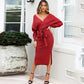 DM1902 High Quality Autumn Ladies Office Dress Long Sleeve V-neck Backless Sweater Dresses Women Clothing Wool Knit Dress