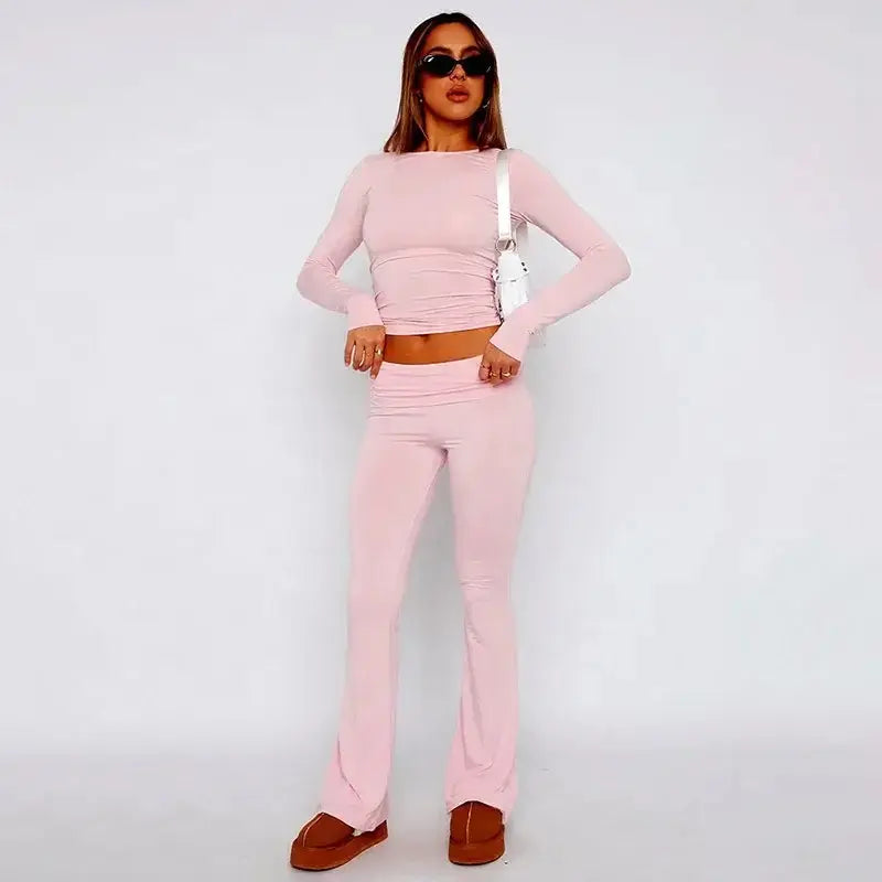 OUDINA Wholesale Fashionable Club Party Women Clothing 2 Piece Set Women Bootcut Trousers Hollow Top Lace Women&
