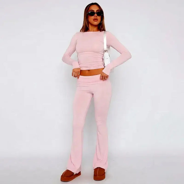 OUDINA Wholesale Fashionable Club Party Women Clothing 2 Piece Set Women Bootcut Trousers Hollow Top Lace Women&