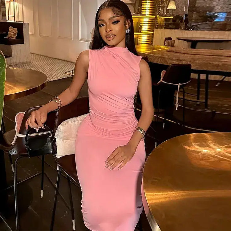 Spring Summer Long Dress Waist Ruched Casual Dresses Women Clothing