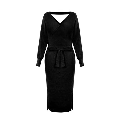 DM1902 High Quality Autumn Ladies Office Dress Long Sleeve V-neck Backless Sweater Dresses Women Clothing Wool Knit Dress
