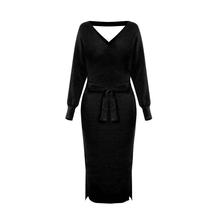 DM1902 High Quality Autumn Ladies Office Dress Long Sleeve V-neck Backless Sweater Dresses Women Clothing Wool Knit Dress