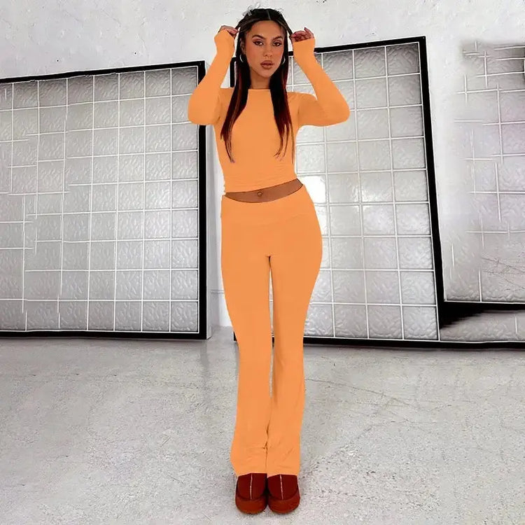 OUDINA Wholesale Fashionable Club Party Women Clothing 2 Piece Set Women Bootcut Trousers Hollow Top Lace Women&