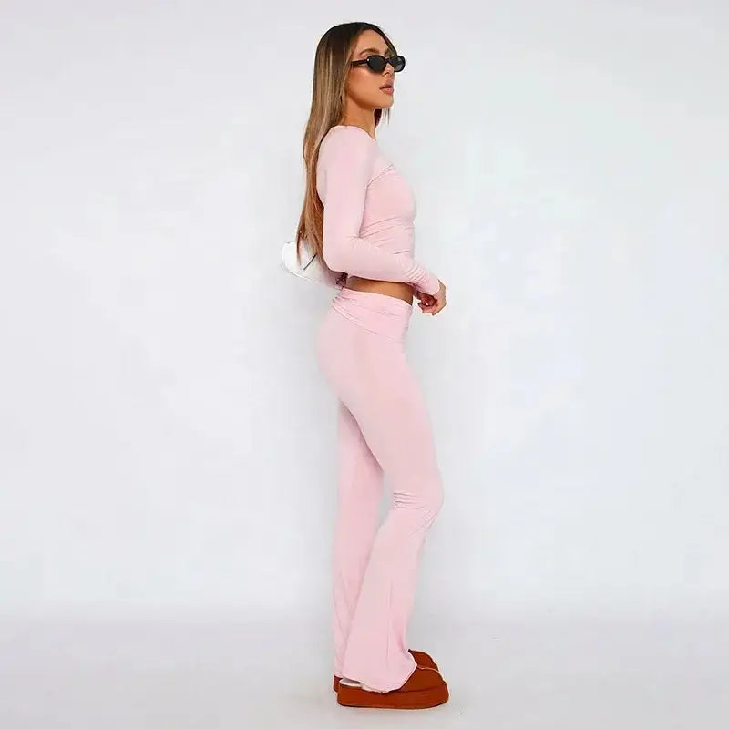 OUDINA Wholesale Fashionable Club Party Women Clothing 2 Piece Set Women Bootcut Trousers Hollow Top Lace Women&