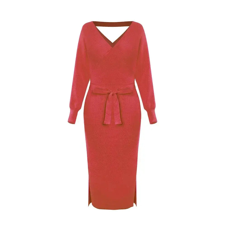 DM1902 High Quality Autumn Ladies Office Dress Long Sleeve V-neck Backless Sweater Dresses Women Clothing Wool Knit Dress