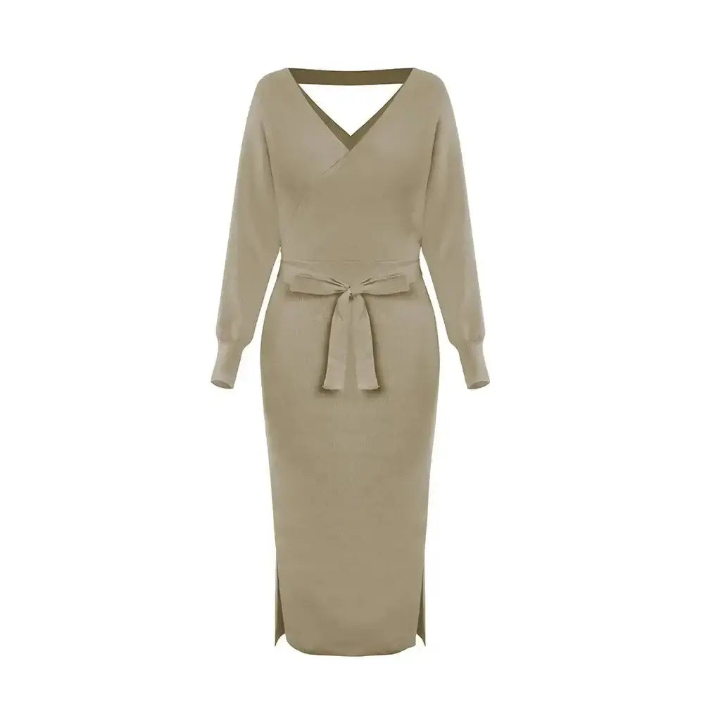 DM1902 High Quality Autumn Ladies Office Dress Long Sleeve V-neck Backless Sweater Dresses Women Clothing Wool Knit Dress