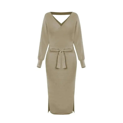 DM1902 High Quality Autumn Ladies Office Dress Long Sleeve V-neck Backless Sweater Dresses Women Clothing Wool Knit Dress