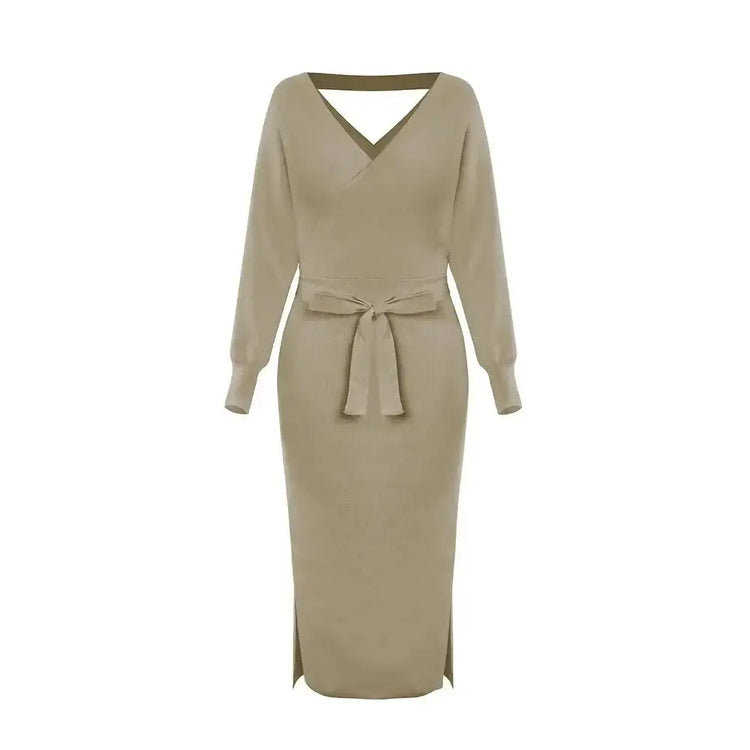 DM1902 High Quality Autumn Ladies Office Dress Long Sleeve V-neck Backless Sweater Dresses Women Clothing Wool Knit Dress