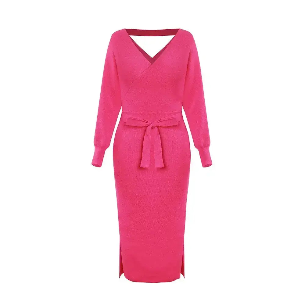 DM1902 High Quality Autumn Ladies Office Dress Long Sleeve V-neck Backless Sweater Dresses Women Clothing Wool Knit Dress