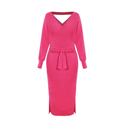 DM1902 High Quality Autumn Ladies Office Dress Long Sleeve V-neck Backless Sweater Dresses Women Clothing Wool Knit Dress