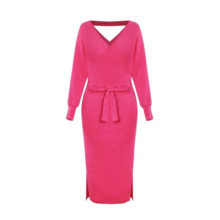 DM1902 High Quality Autumn Ladies Office Dress Long Sleeve V-neck Backless Sweater Dresses Women Clothing Wool Knit Dress