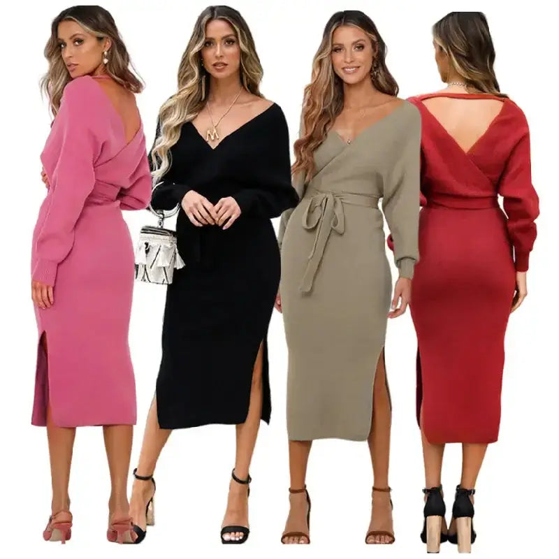 DM1902 High Quality Autumn Ladies Office Dress Long Sleeve V-neck Backless Sweater Dresses Women Clothing Wool Knit Dress