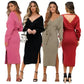 DM1902 High Quality Autumn Ladies Office Dress Long Sleeve V-neck Backless Sweater Dresses Women Clothing Wool Knit Dress