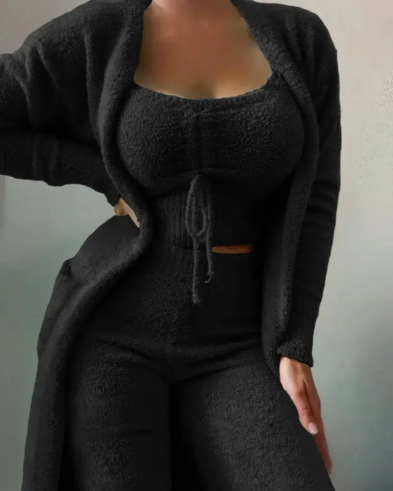 Liu Ming Winter Women Clothing New Product Fur 3 Piece Outfits Crop Tops High Waist Pants Coats Set