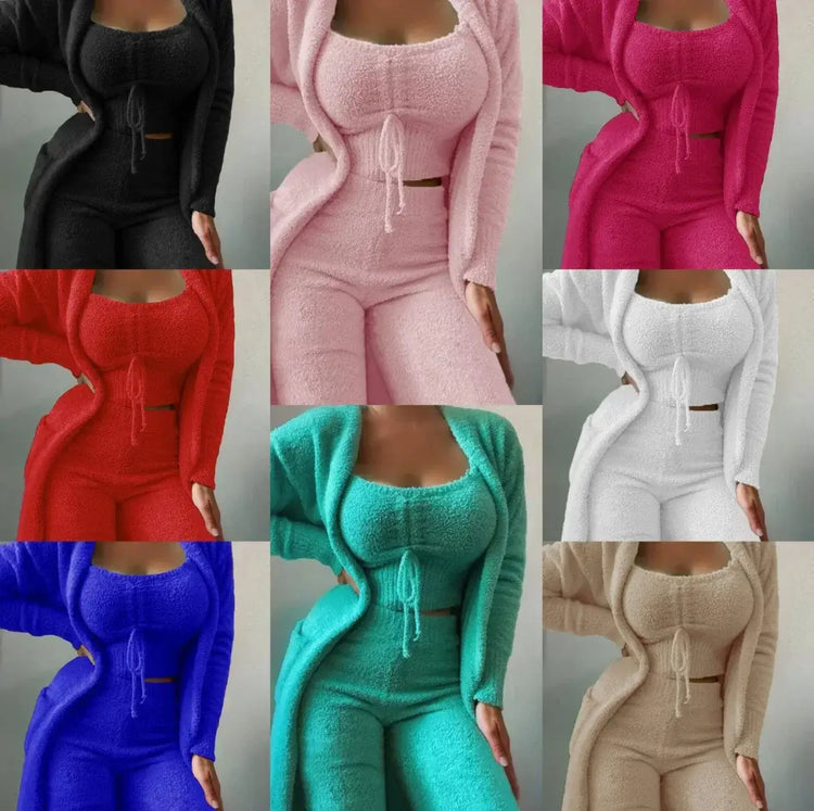 Liu Ming Winter Women Clothing New Product Fur 3 Piece Outfits Crop Tops High Waist Pants Coats Set