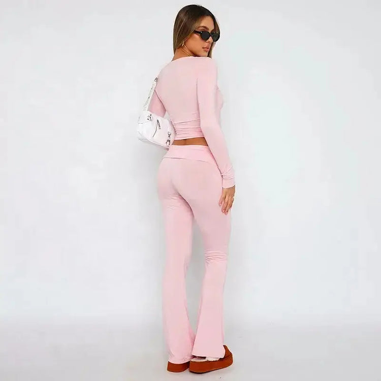 OUDINA Wholesale Fashionable Club Party Women Clothing 2 Piece Set Women Bootcut Trousers Hollow Top Lace Women&