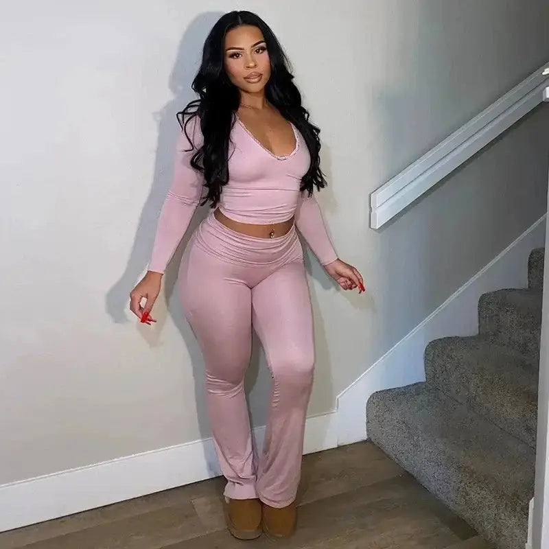 Cheap Wholesale Fashion New Women Clothing Sexy V Neck Corp Tops Two Piece Wide Leg Pants Set