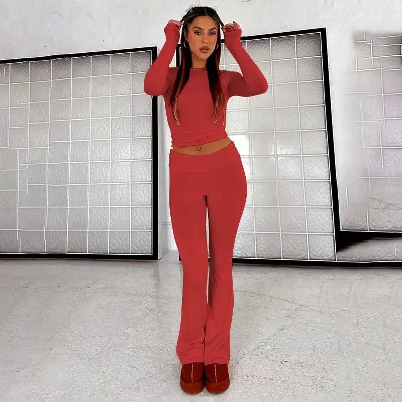 OUDINA Wholesale Fashionable Club Party Women Clothing 2 Piece Set Women Bootcut Trousers Hollow Top Lace Women&