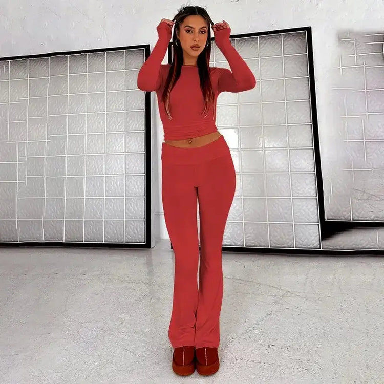 OUDINA Wholesale Fashionable Club Party Women Clothing 2 Piece Set Women Bootcut Trousers Hollow Top Lace Women&