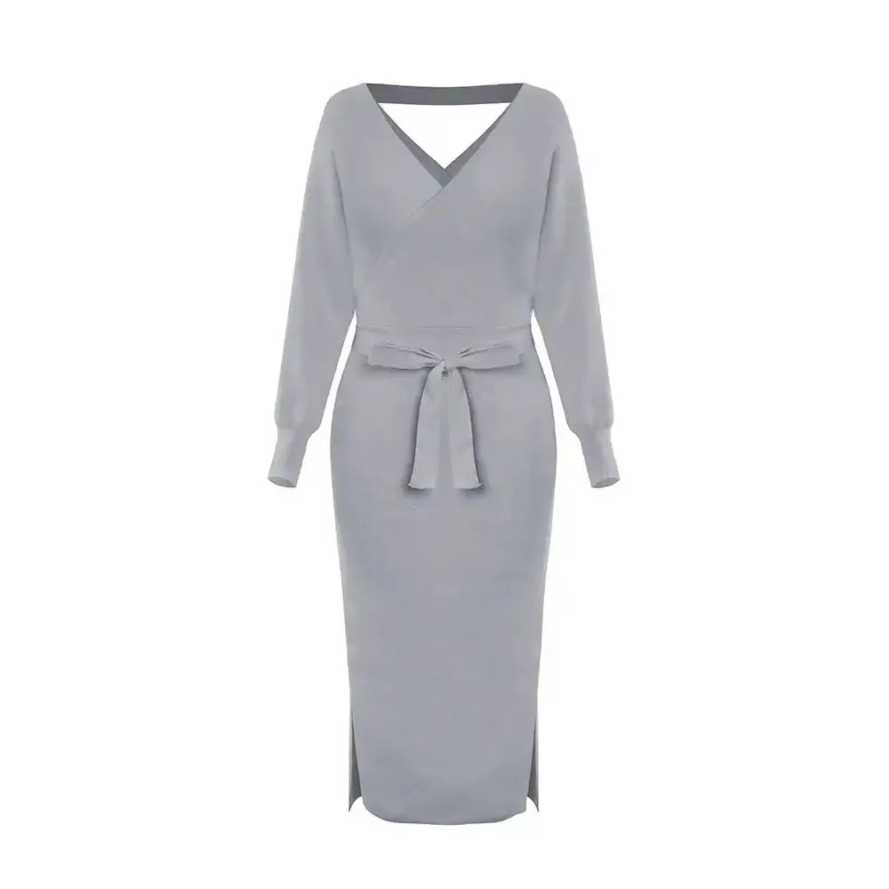 DM1902 High Quality Autumn Ladies Office Dress Long Sleeve V-neck Backless Sweater Dresses Women Clothing Wool Knit Dress