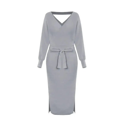 DM1902 High Quality Autumn Ladies Office Dress Long Sleeve V-neck Backless Sweater Dresses Women Clothing Wool Knit Dress