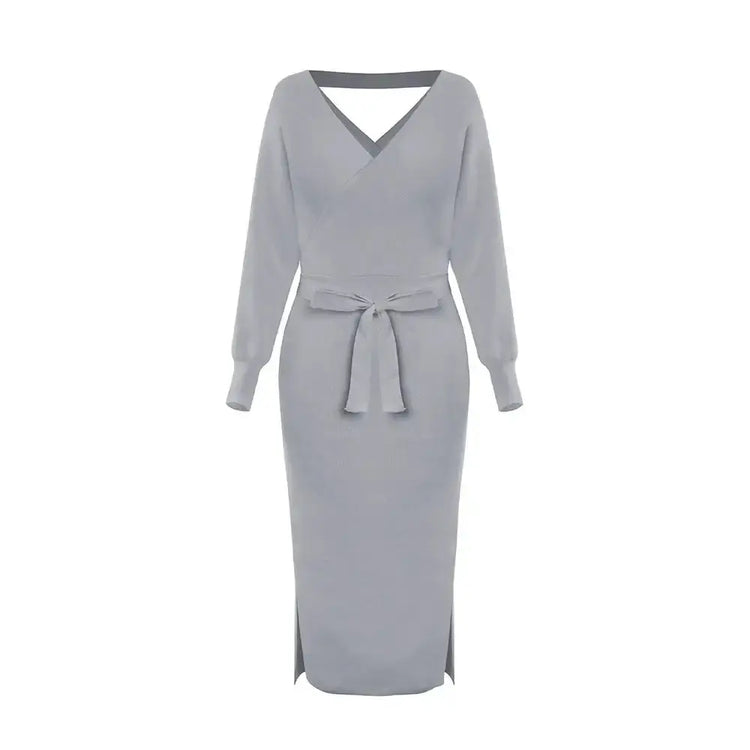 DM1902 High Quality Autumn Ladies Office Dress Long Sleeve V-neck Backless Sweater Dresses Women Clothing Wool Knit Dress