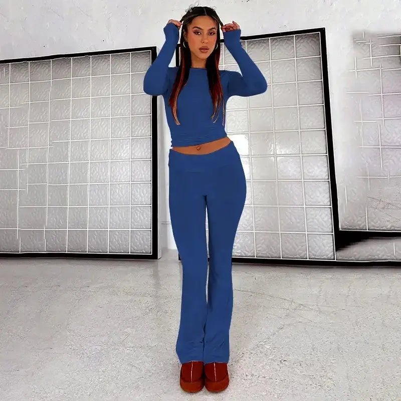 OUDINA Wholesale Fashionable Club Party Women Clothing 2 Piece Set Women Bootcut Trousers Hollow Top Lace Women&