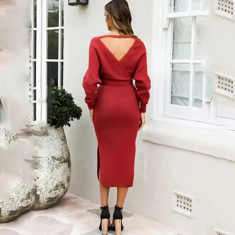 DM1902 High Quality Autumn Ladies Office Dress Long Sleeve V-neck Backless Sweater Dresses Women Clothing Wool Knit Dress