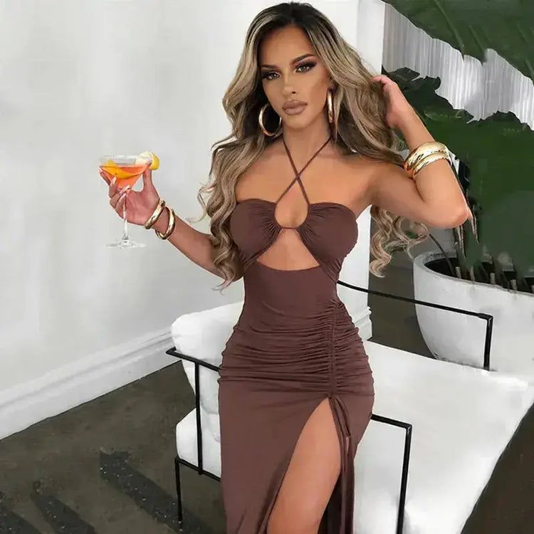 FCJ Summer Y2K Fashion Party Sexy Halterneck Lace-up Split Long Beach Club Dress for Women Womens Clothing