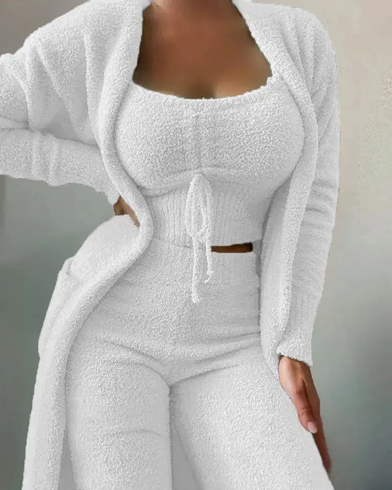 Liu Ming Winter Women Clothing New Product Fur 3 Piece Outfits Crop Tops High Waist Pants Coats Set