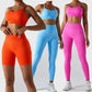Wholesale Seamless Rib Sportswear 3 Piece Suit Seamless Breathable Women Clothing Gym Fitness Sets Sports Bra Leggings Yoga Set