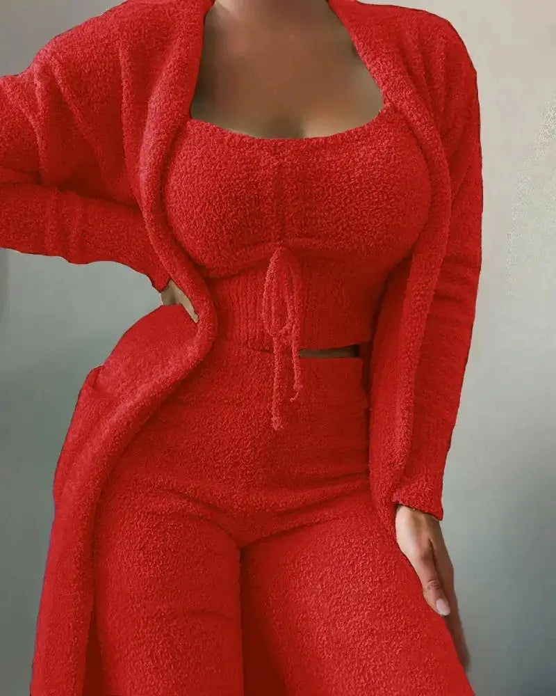 Liu Ming Winter Women Clothing New Product Fur 3 Piece Outfits Crop Tops High Waist Pants Coats Set
