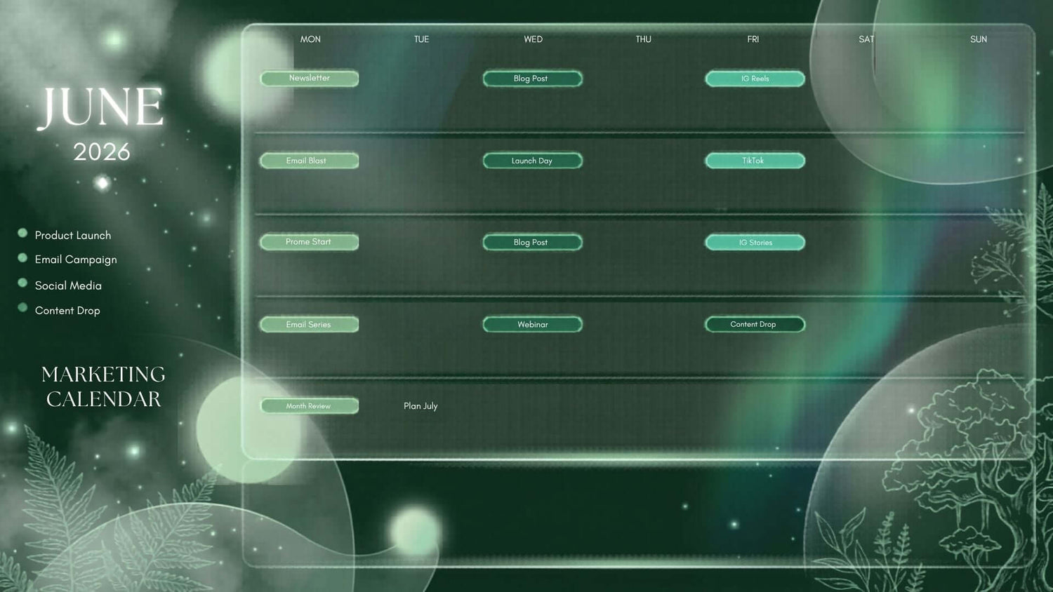 2026 marketing calendar with green and black design