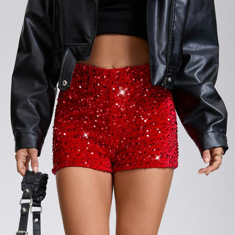 LUXEHAEVEN Leopard Sequin Club Shorts