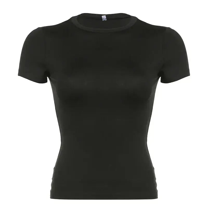 LUXEHAEVEN Basic Solid Crop Top Short Sleeve Crewneck