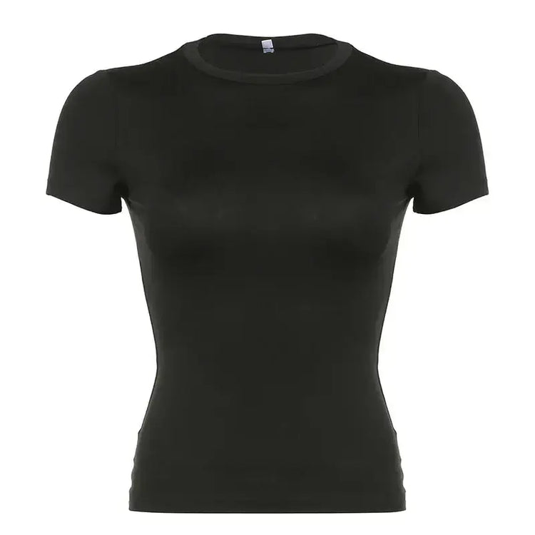 LUXEHAEVEN Basic Solid Crop Top Short Sleeve Crewneck