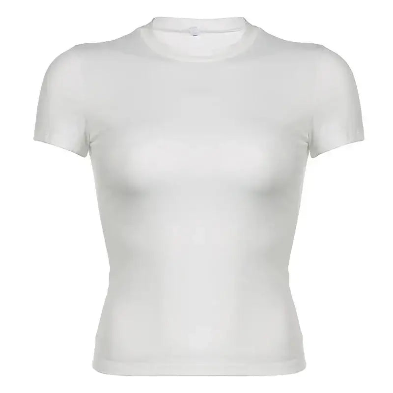 LUXEHAEVEN Basic Solid Crop Top Short Sleeve Crewneck